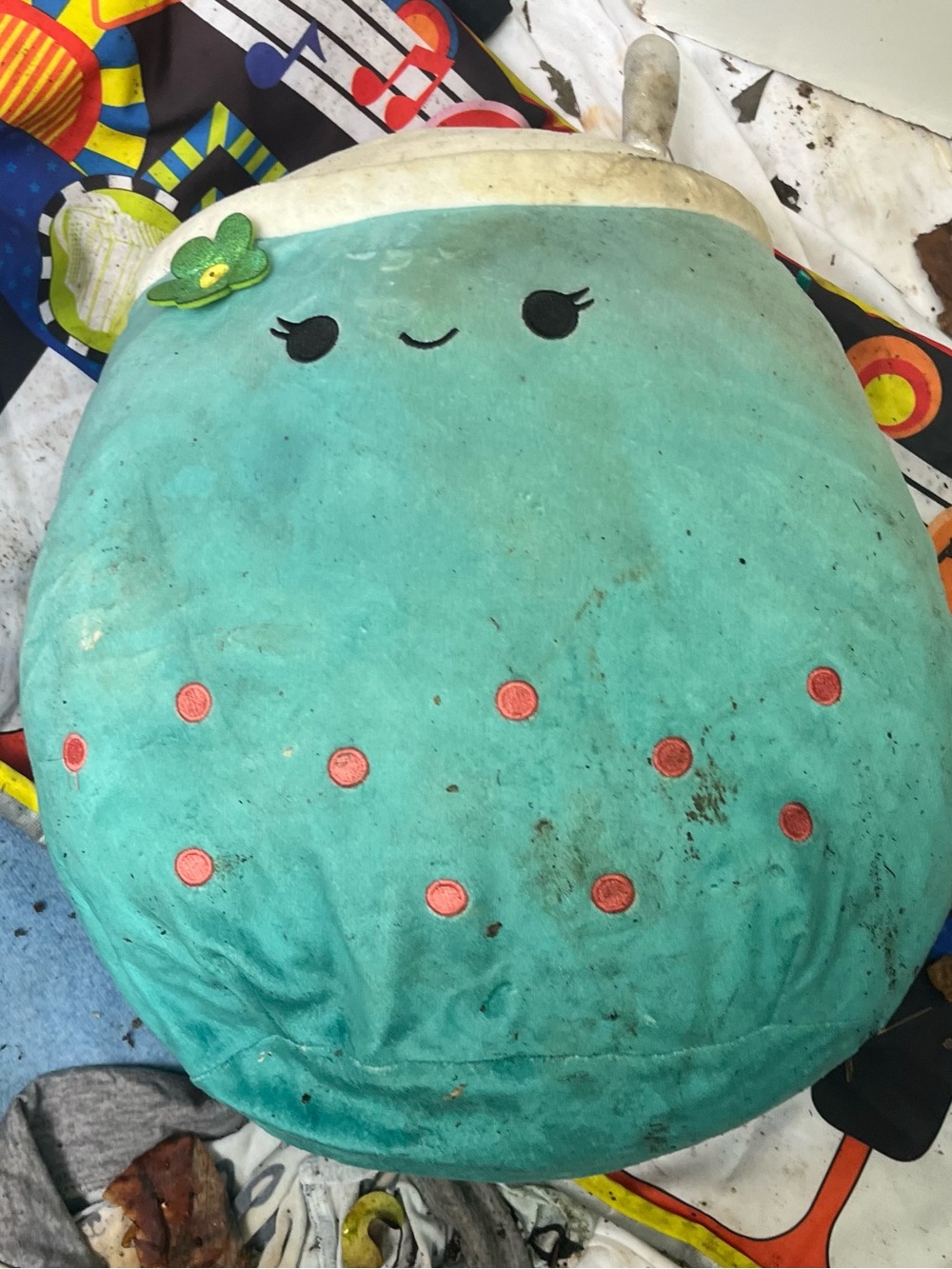 Squishmallows Teal Plush Cup with Pink Dots and Green Flower